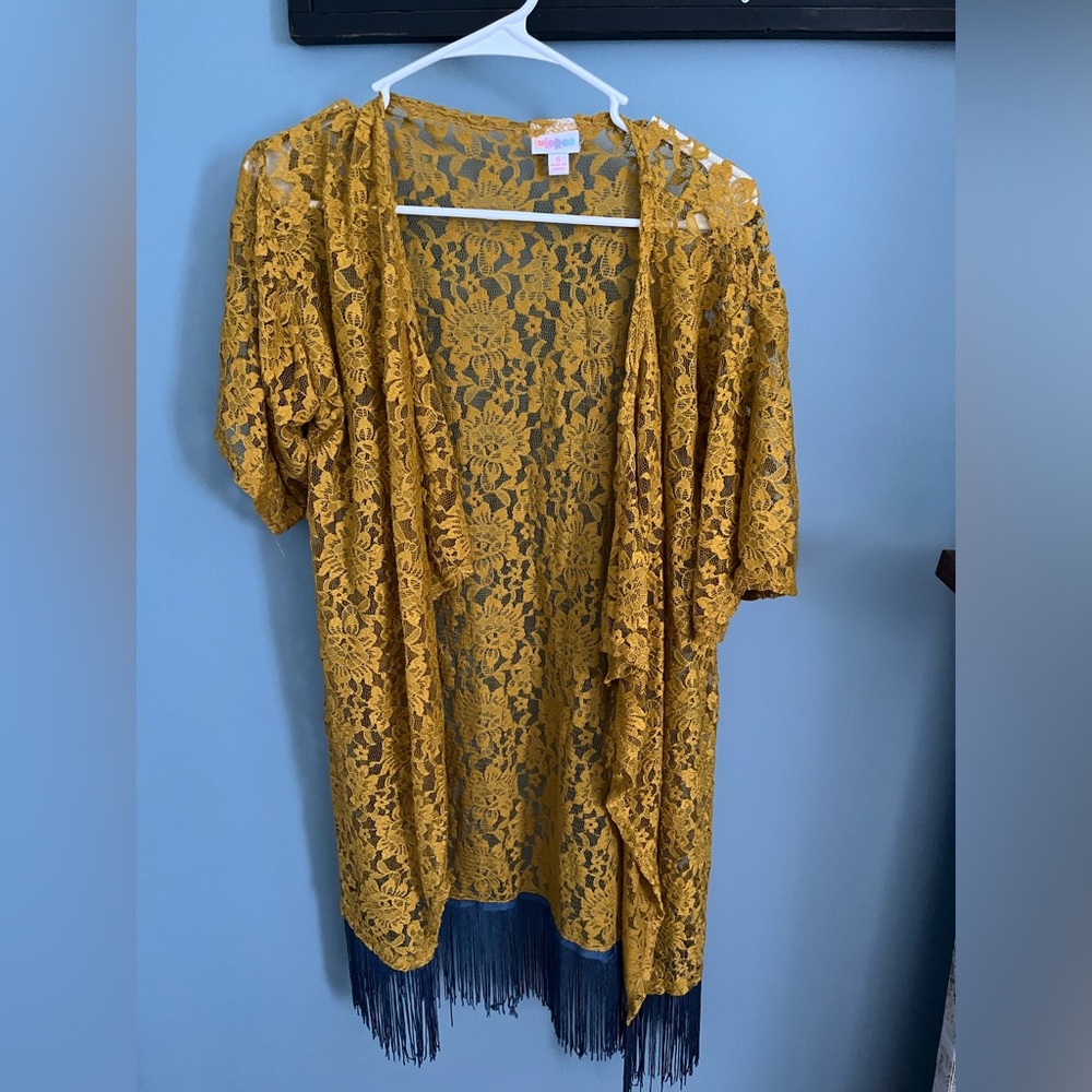 LulaRoe Yellow Floral Print Cardigan with Blue Fringe
